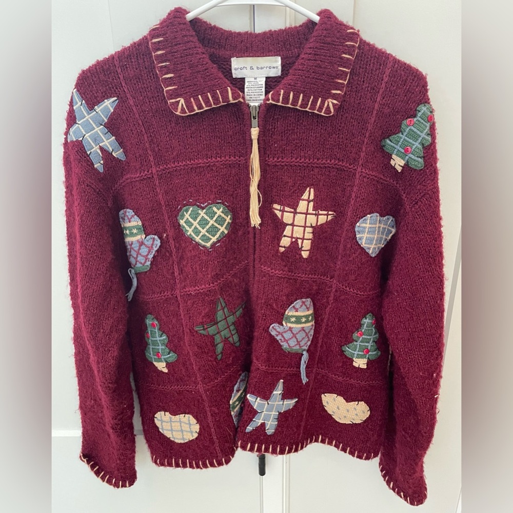 Vintage zip cardigan sweater burgundy winter Christmas not ugly cottagecore